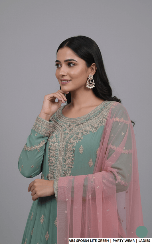 Light green chiffon Pakistani women's straight shirt with plazo side view