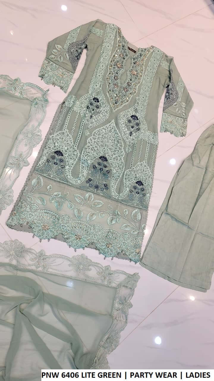 PNW 6406 LITE GREEN Pakistani women's chiffon party wear straight shirt plazo back view