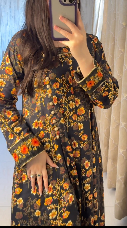 SG25 linen angrakha frock Pakistani women's elegant outfit side view