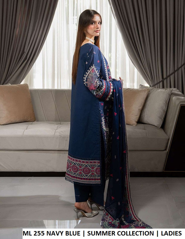 ML 255 NAVY BLUE - Navy Blue Cotton Straight 3-Piece Women's Pakistani Suit