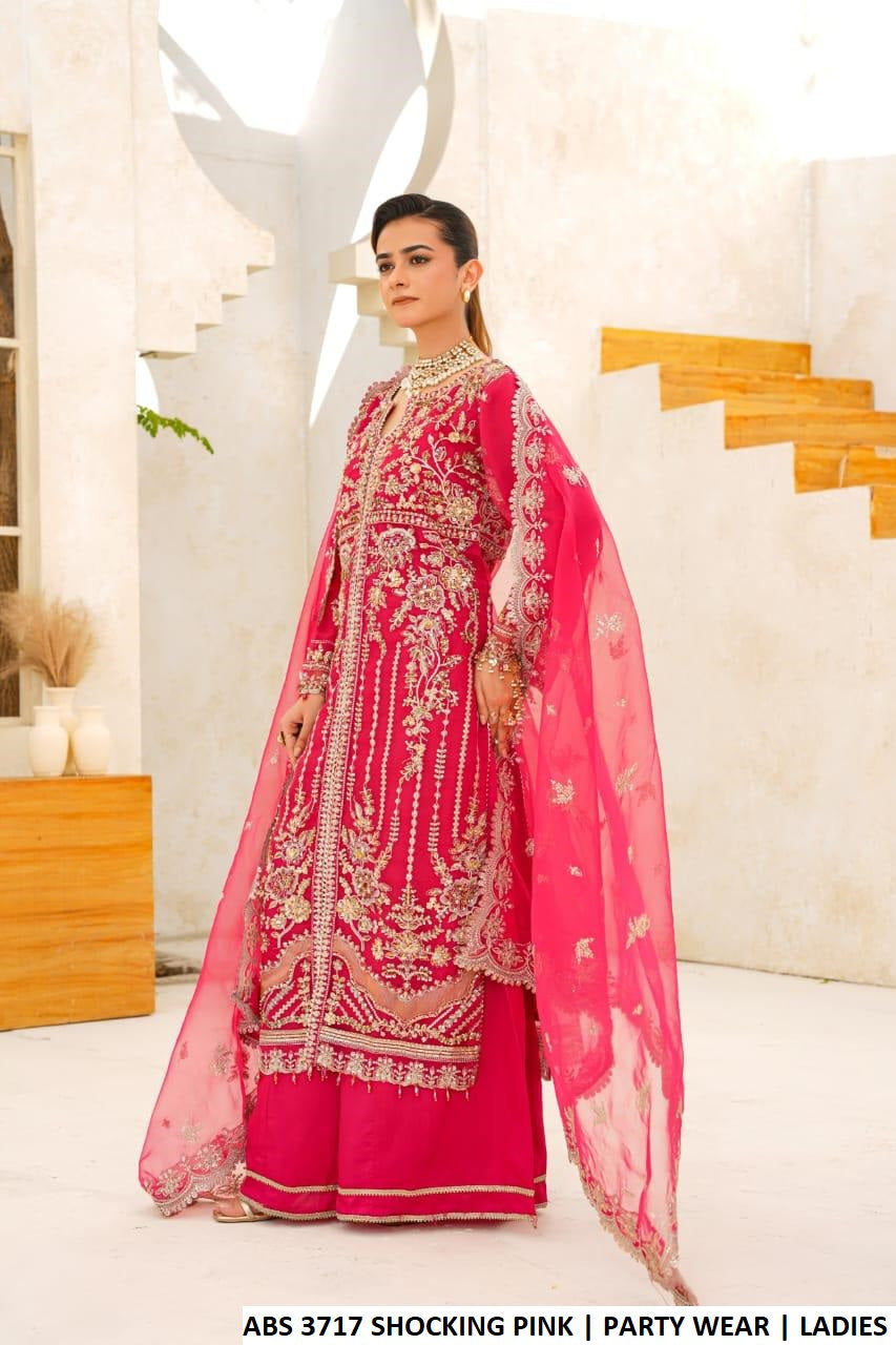 Pakistani women's shocking pink organza straight open shirt plazo back view