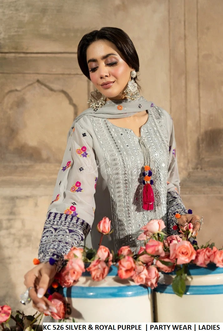 Pakistani women's silver georgette embroidered farshi shalwar outfit detail view