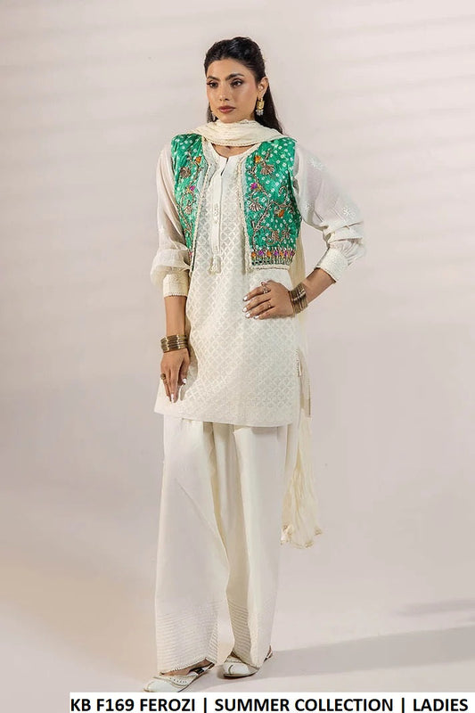 Ferozi swiss lawn Pakistani women's shadow work shirt with silk jacket side view