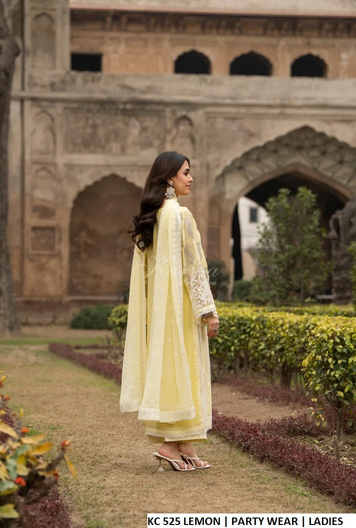 Pakistani women's lemon yellow georgette embroidered straight shirt plazo back view