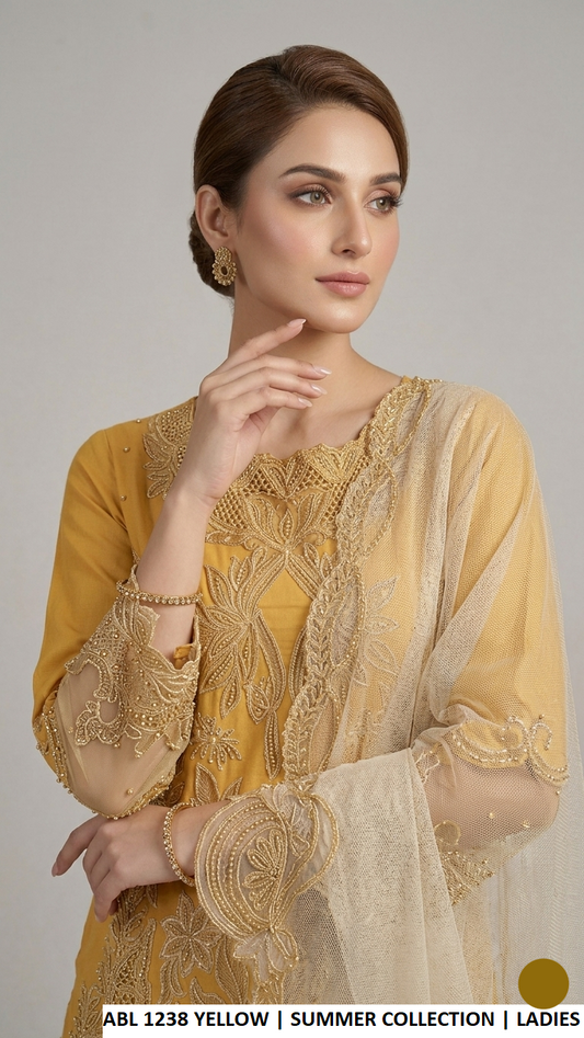Yellow cotton Pakistani women's A-Line shirt with plazo side view