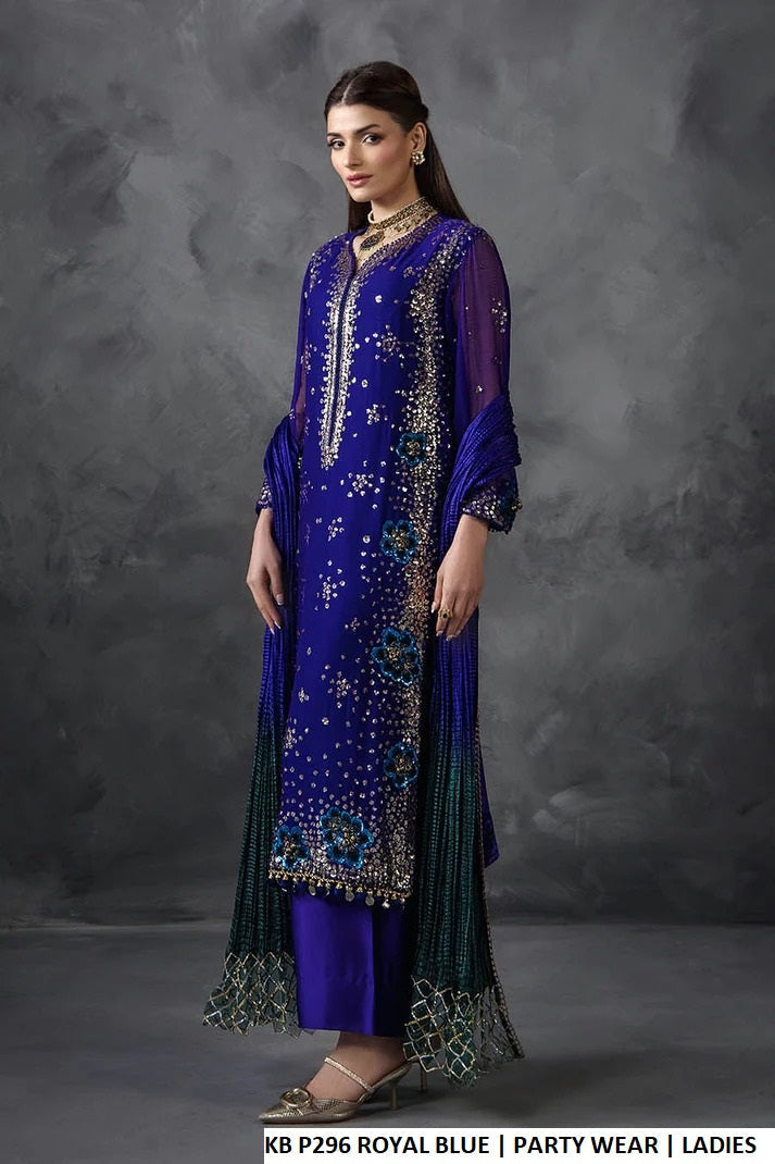 Pakistani women's royal blue crinkle chiffon embellished shirt back view