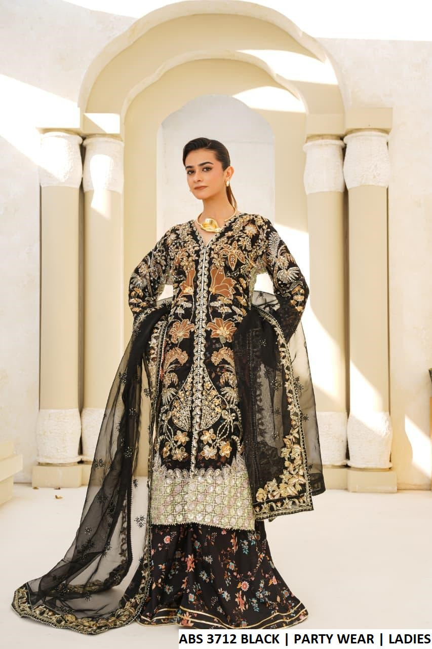 Organza straight open shirt plazo black - Pakistani women's party wear with digital printed plazo and organza dupatta front view