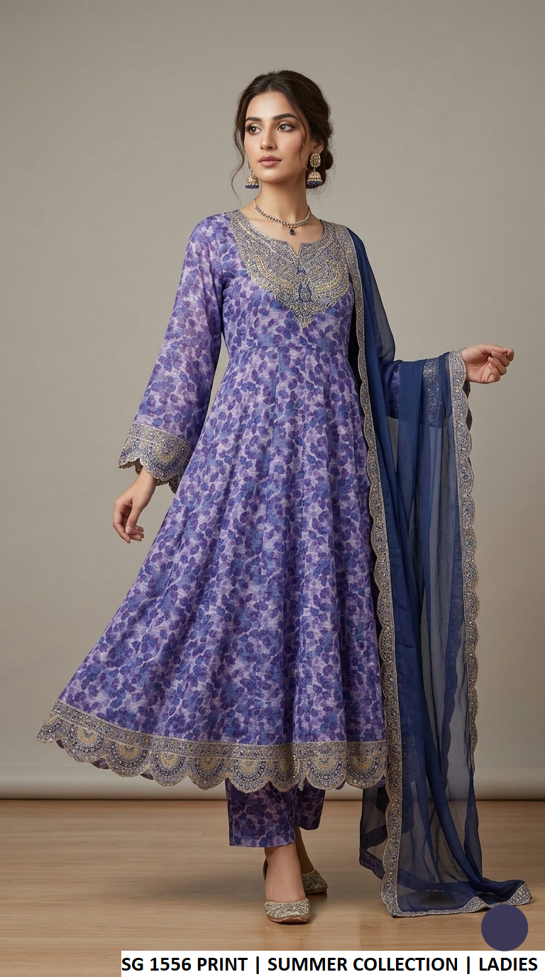 Lawn frock printed - Pakistani women's casual summer outfit with lawn trouser and chiffon dupatta front view