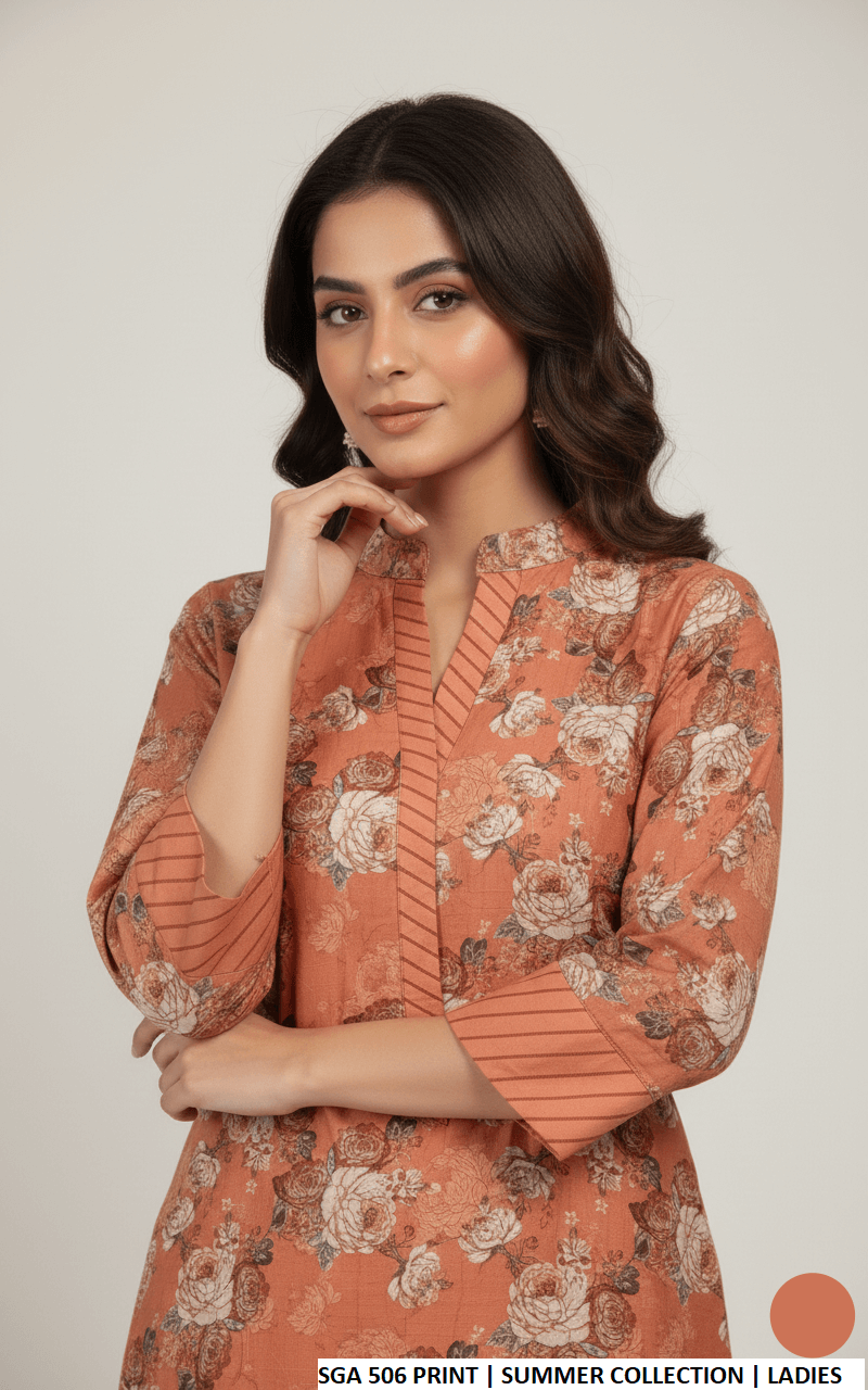 Lawn straight printed shirt - Pakistani women's casual summer outfit with cotton trouser and 2-piece dupatta front view