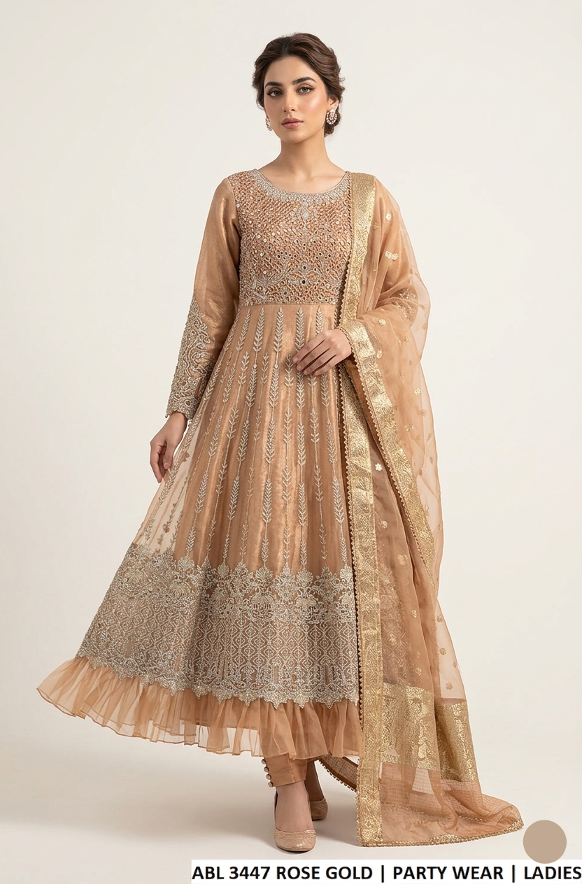 Soft net long frock rose gold - Pakistani women's luxury bridal formal wear with viscose trouser and organza dupatta front view