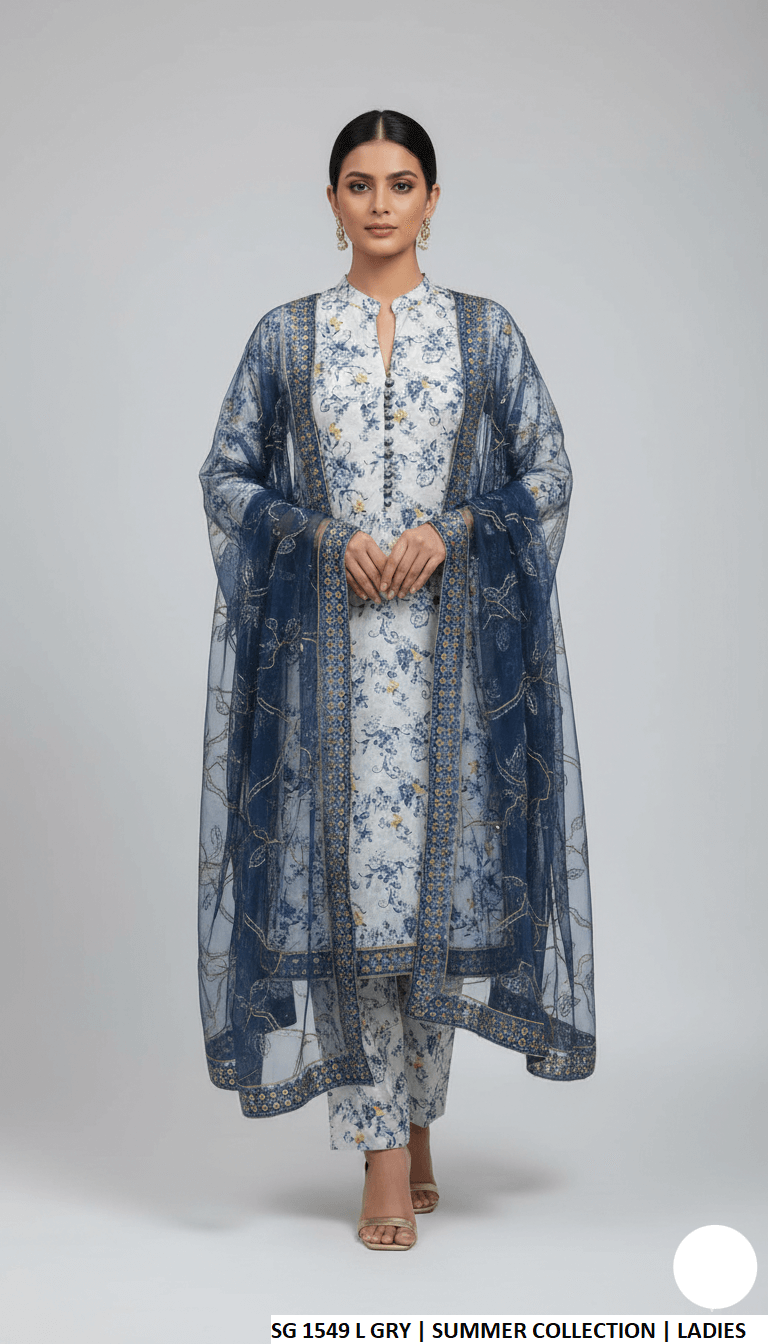 Lawn A-Line printed shirt - Pakistani women's casual summer outfit with lawn trouser and soft net dupatta front view