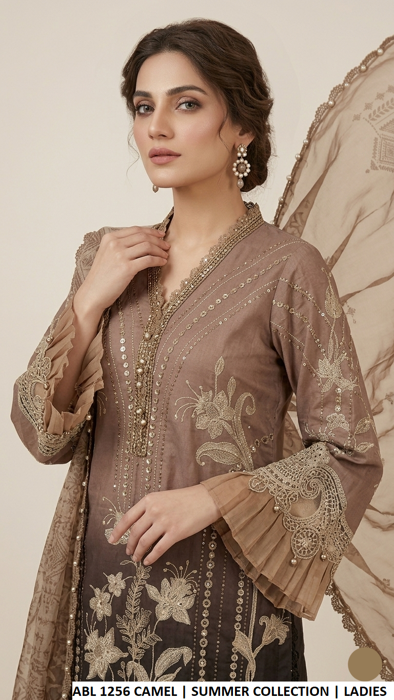 Camel brown poly lawn Pakistani women's A-Line shirt side view