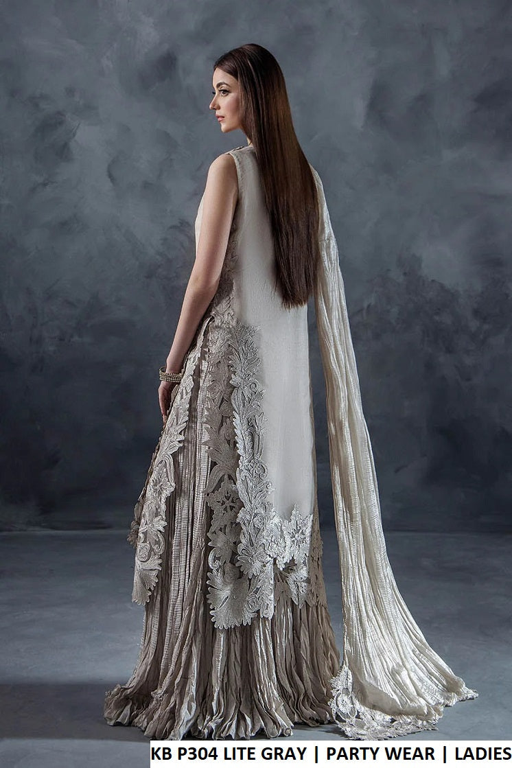 Pakistani women's light grey organza straight shirt crush sharara back view