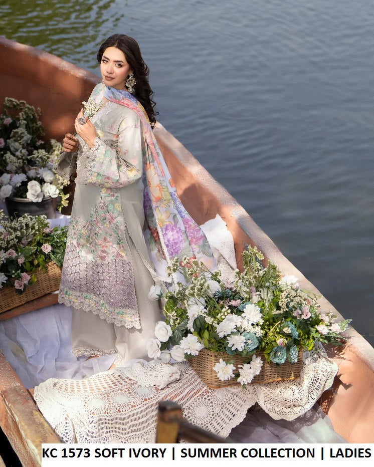 KC Sunehri 1573 Soft Ivory - Soft Ivory Embroidered 3-Piece Women's Pakistani Lawn Suit