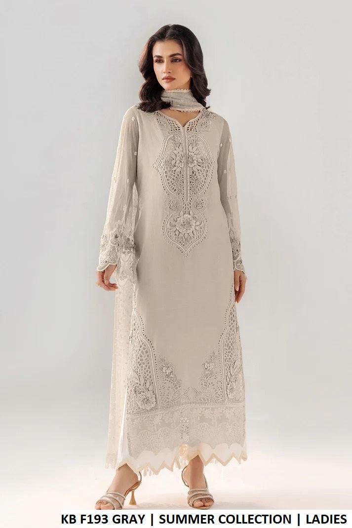 Cotton straight shirt light grey - Pakistani women's casual outfit with soft net dupatta front view
