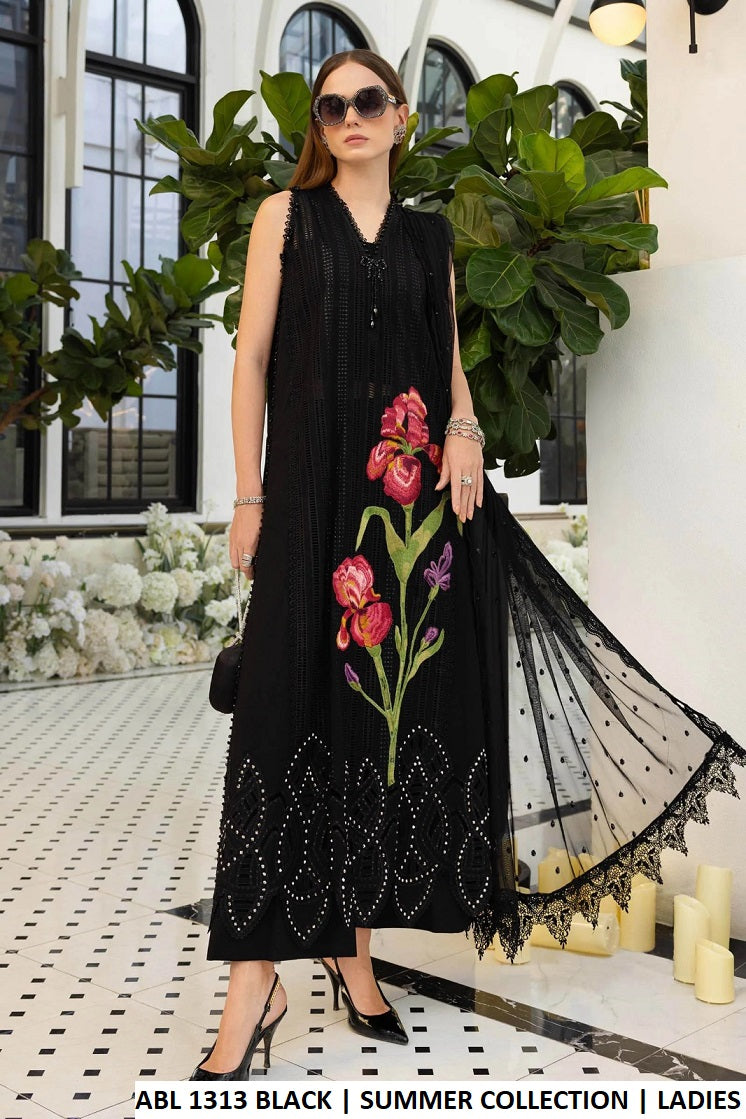 ABL 1313 BLACK - Black Lawn A-Line 3-Piece Women's Pakistani Suit