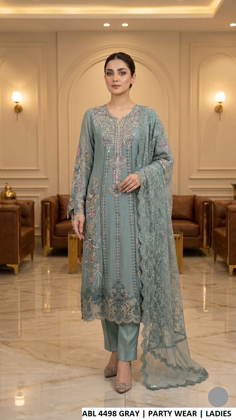 ABL 4498 DUSTY GRAY - Dusty Gray Chiffon Straight 3-Piece Women's Pakistani Suit