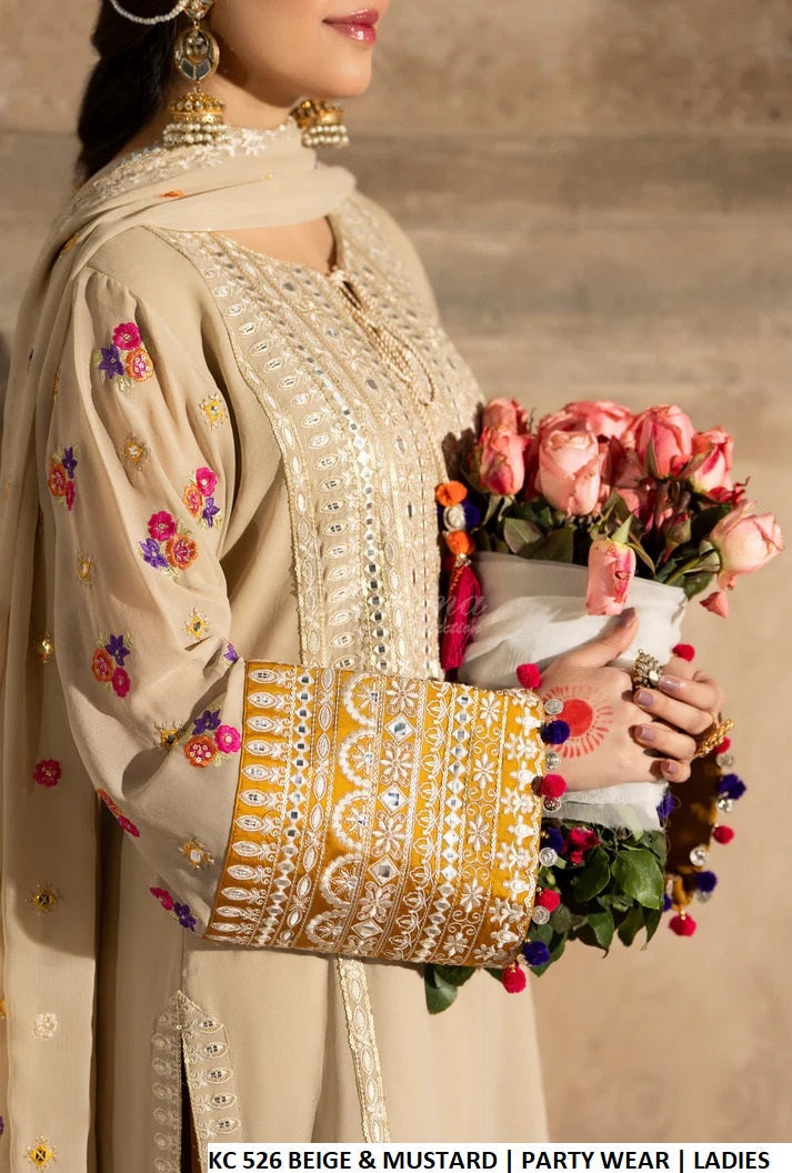 Pakistani women's beige georgette embroidered farshi shalwar outfit detail view