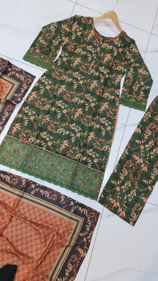 Pakistani women's lawn A-Line printed casual outfit back view