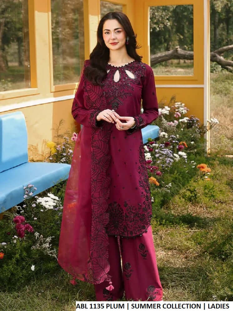 Cotton gol daman shirt plazo plum - Pakistani women's casual stylish outfit with organza dupatta front view