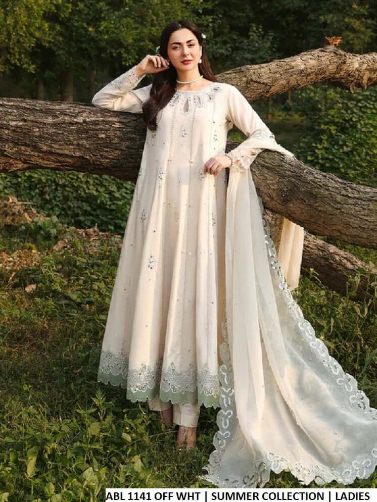 Pakistani women's off white cotton long frock casual outfit back view