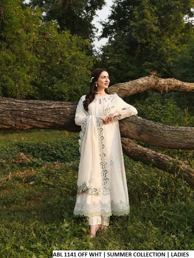 Cotton long frock off white - Pakistani women's casual elegant outfit with chiffon dupatta front view