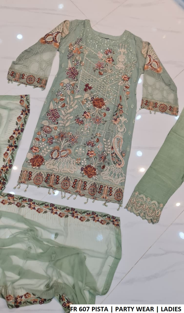 Chiffon straight shirt pista green - Pakistani women's elegant casual outfit with grip trouser and chiffon dupatta front view