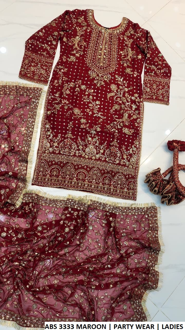 ABS 3333 MAROON - Maroon Chiffon Straight 3-Piece Women's Pakistani Suit