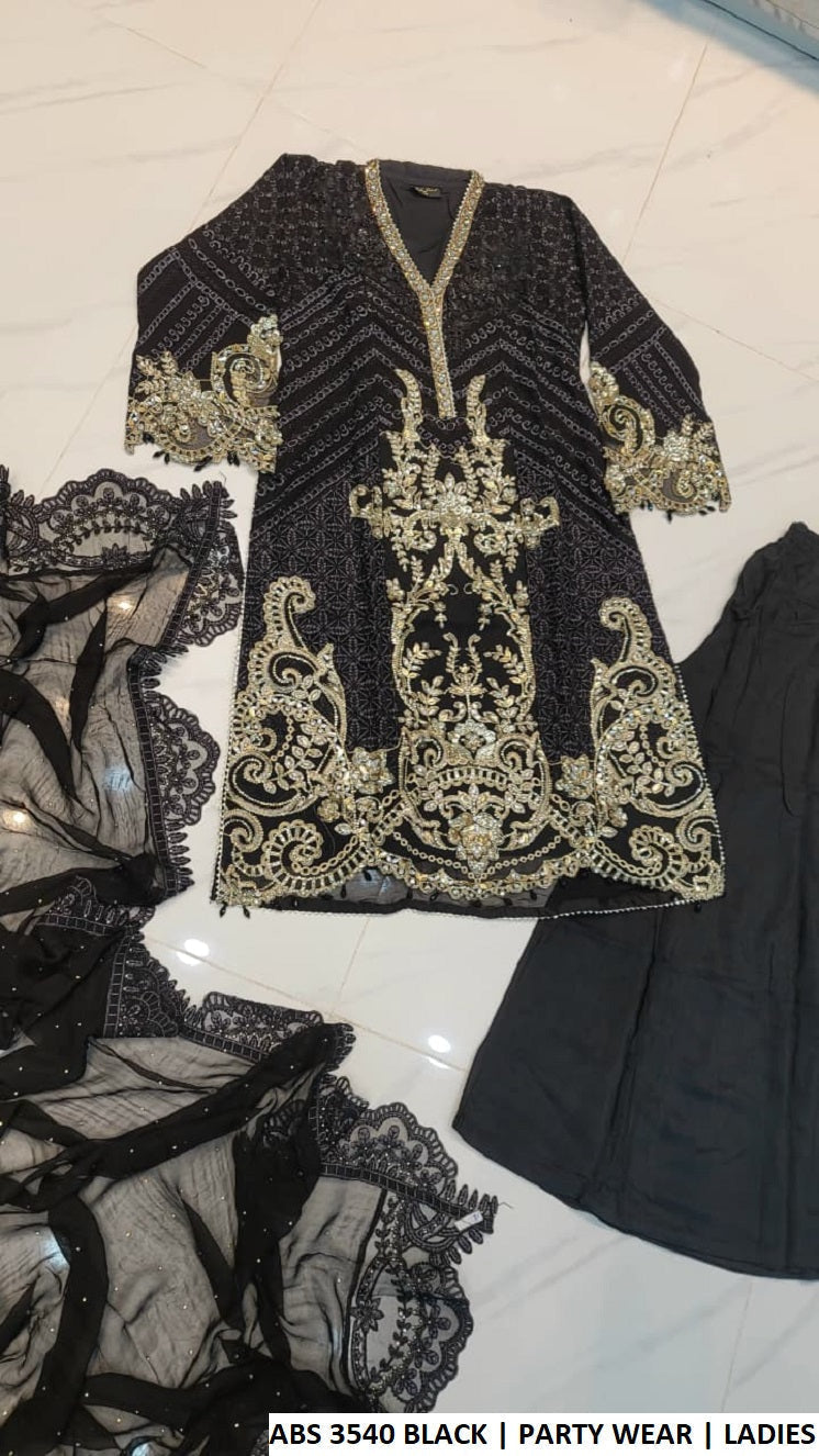 ABS 3540 BLACK - Black Chiffon A-Line 3-Piece Women's Pakistani Suit