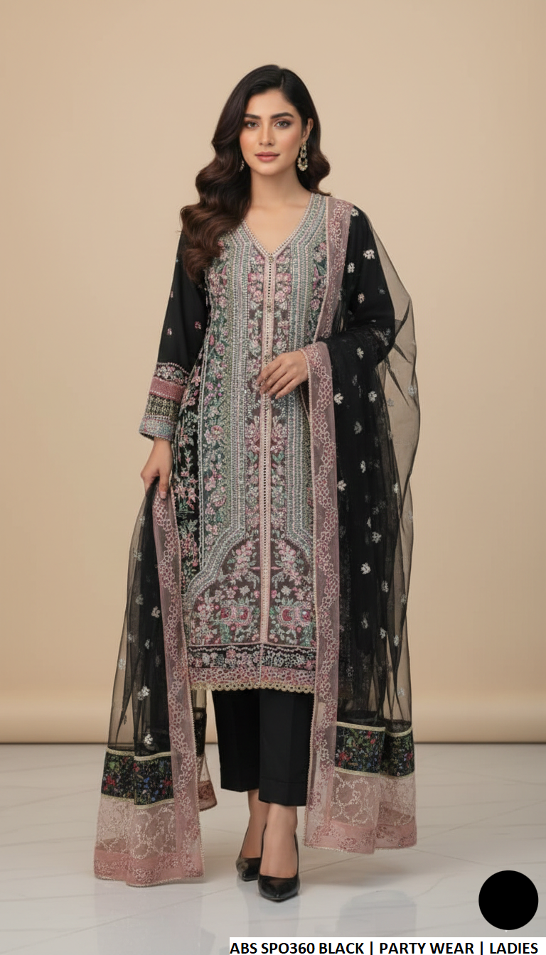 Pakistani women's black organza straight open shirt back view