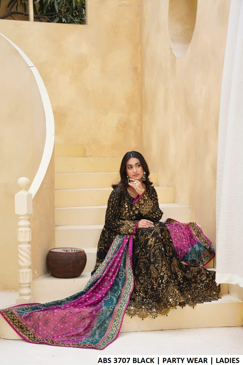 Black chiffon Pakistani women's long open frock with plazo side view