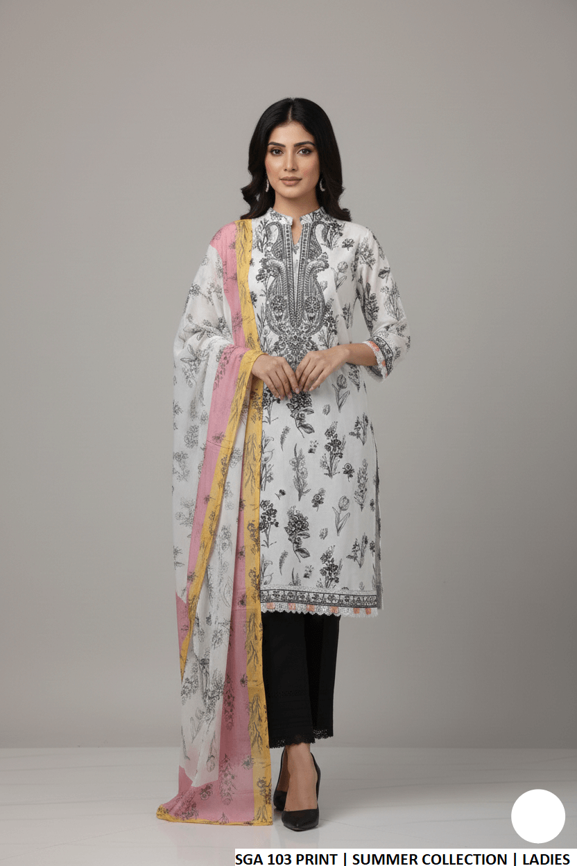 Lawn straight printed shirt - Pakistani women's casual summer outfit with cotton trouser and lawn dupatta front view