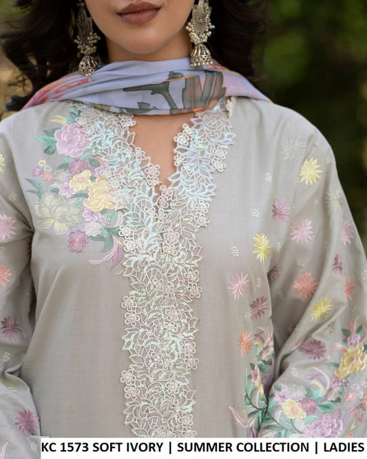 KC Sunehri 1573 Soft Ivory - Soft Ivory Embroidered 3-Piece Women's Pakistani Lawn Suit