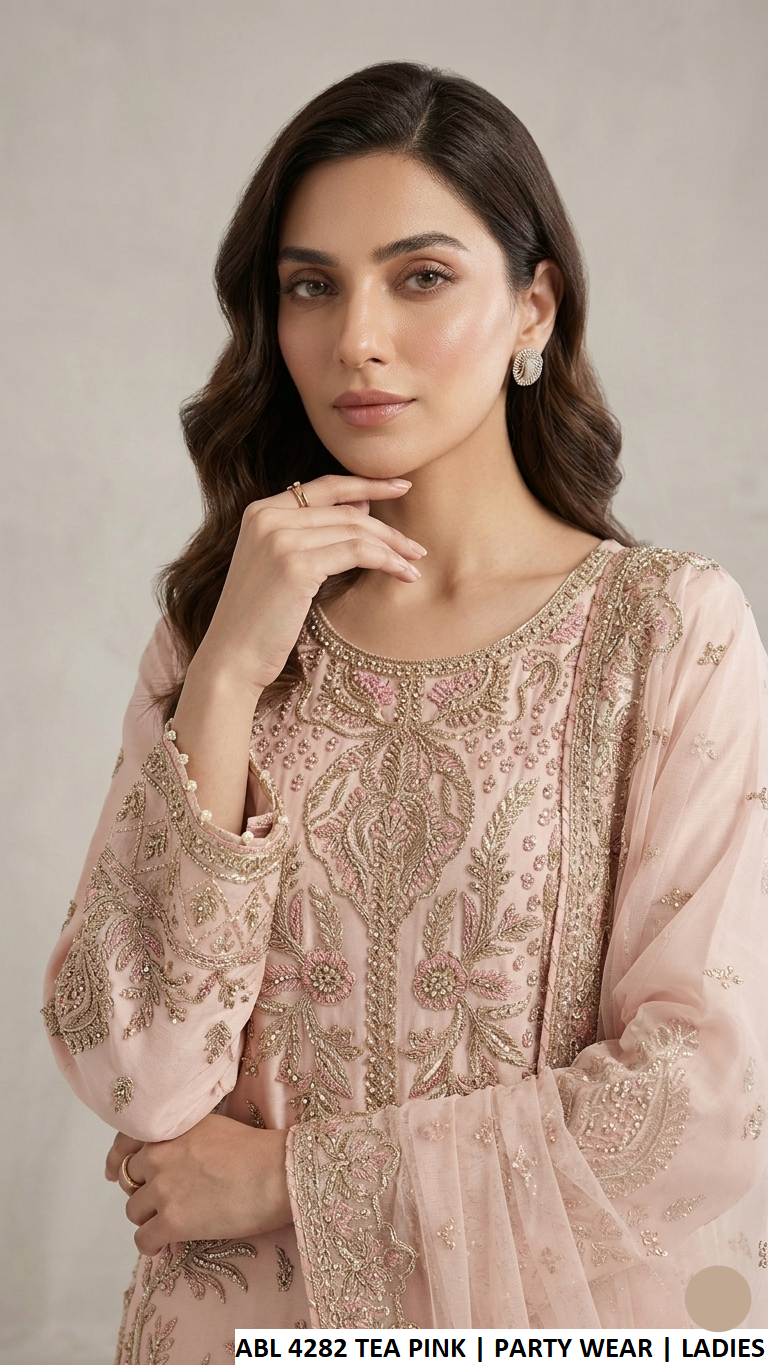 Tea pink net Pakistani women's straight shirt with plazo side view