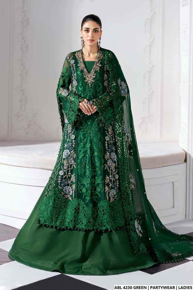 Organza A-Line shirt green - Pakistani women's elegant formal wear with viscose trouser and organza dupatta front view