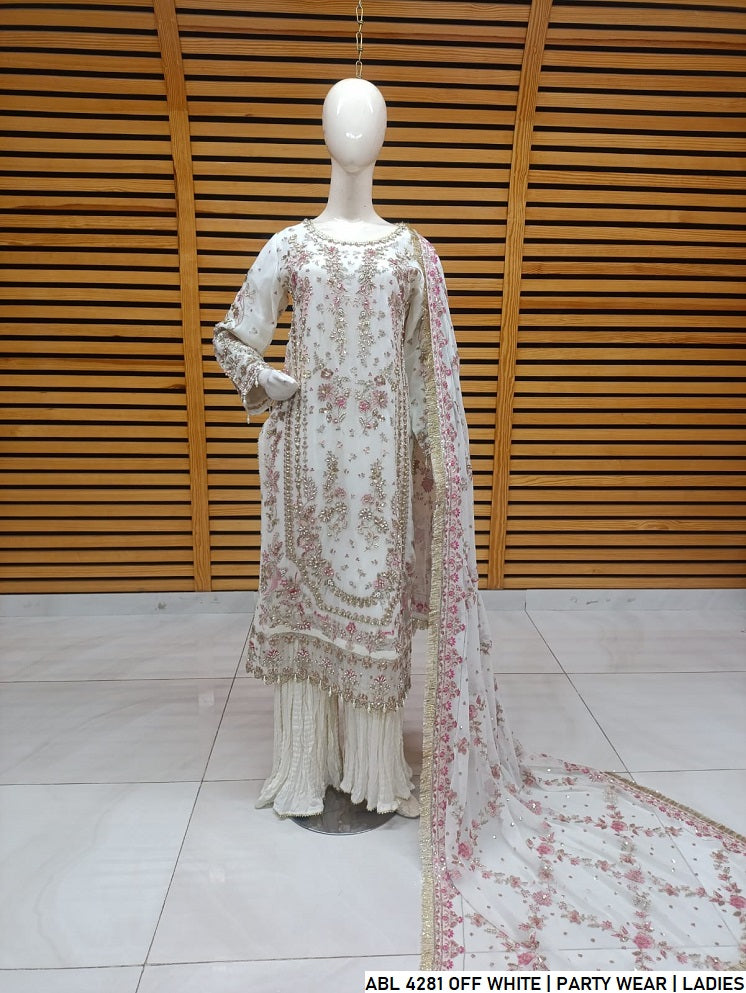 Organza A-Line shirt off white - Pakistani women's elegant formal wear with viscose trouser and organza dupatta front view