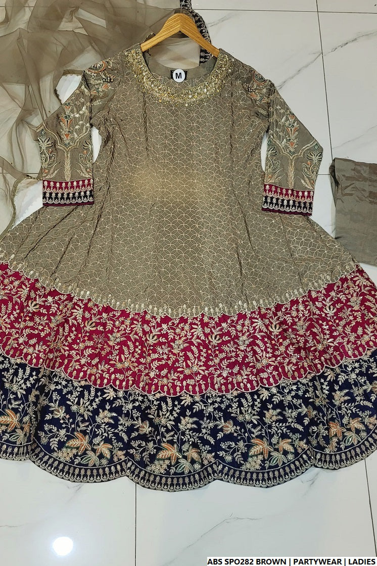 Chiffon straight shirt plazo brown - Pakistani women's party wear with viscose plazo and chiffon dupatta front view