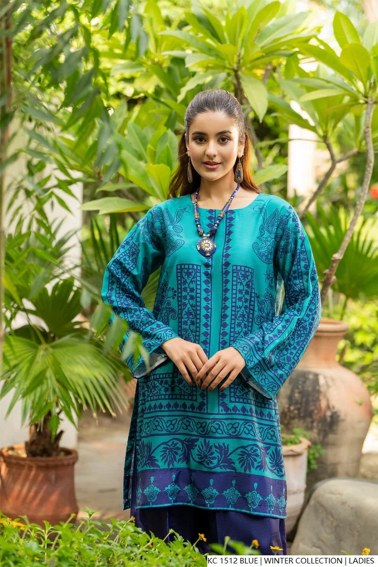 Pakistani women's blue silk 2-piece formal suit detail view