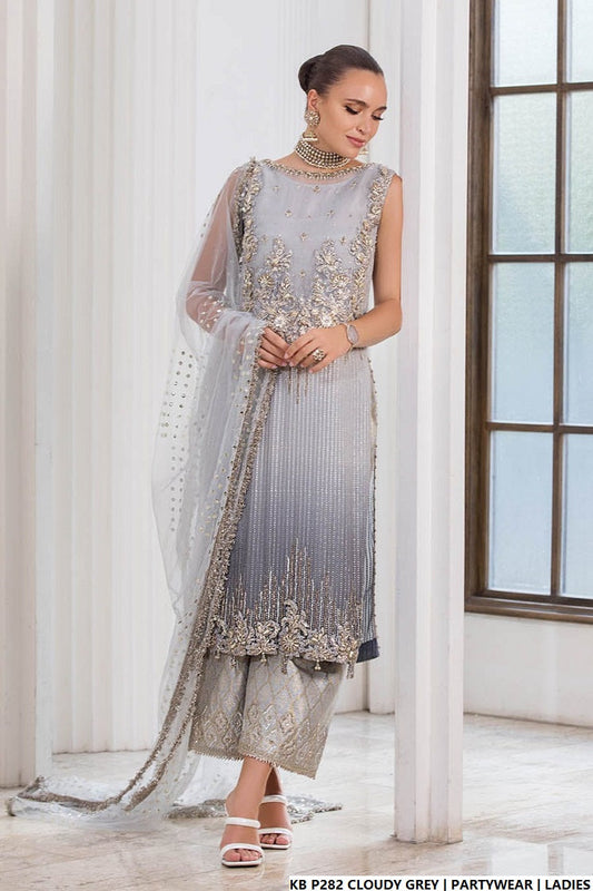 Cloudy grey hand embroidered Pakistani women's luxury suit side view
