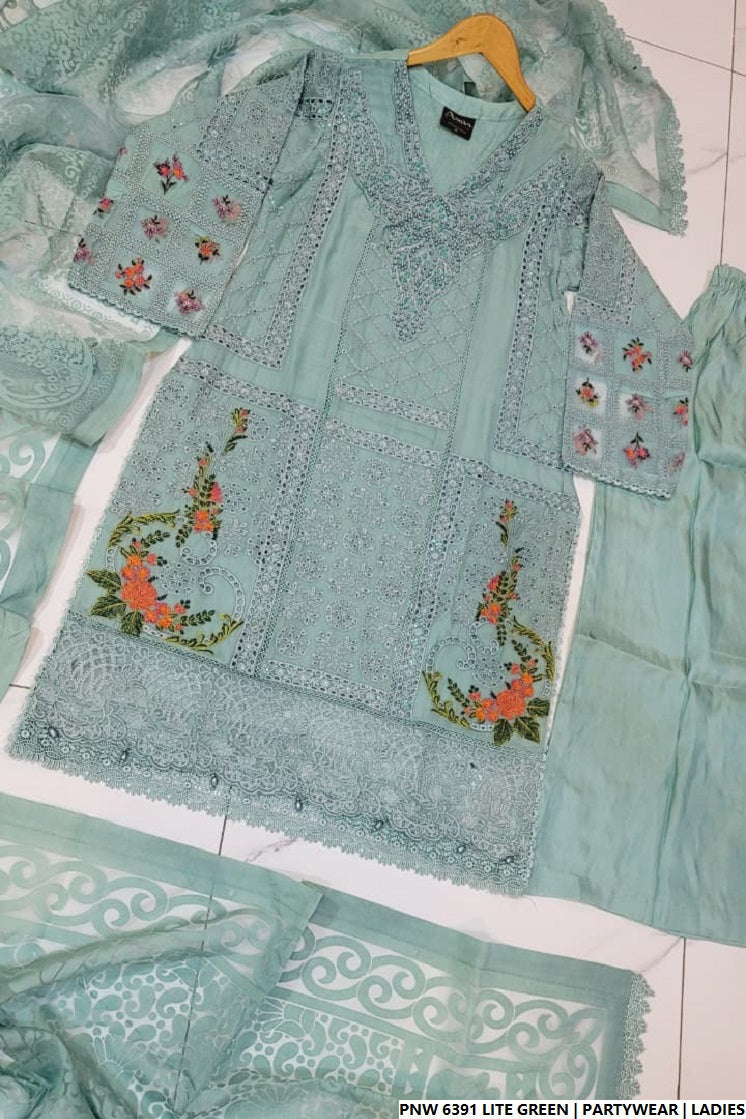 Light green chiffon Pakistani women's straight shirt with plazo side view