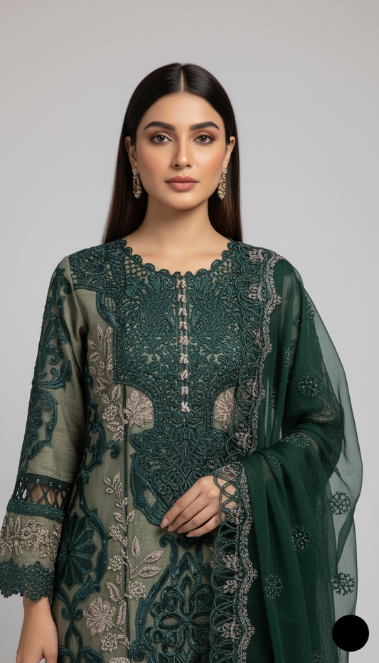 Bottle green organza Pakistani women's A-Line shirt side view