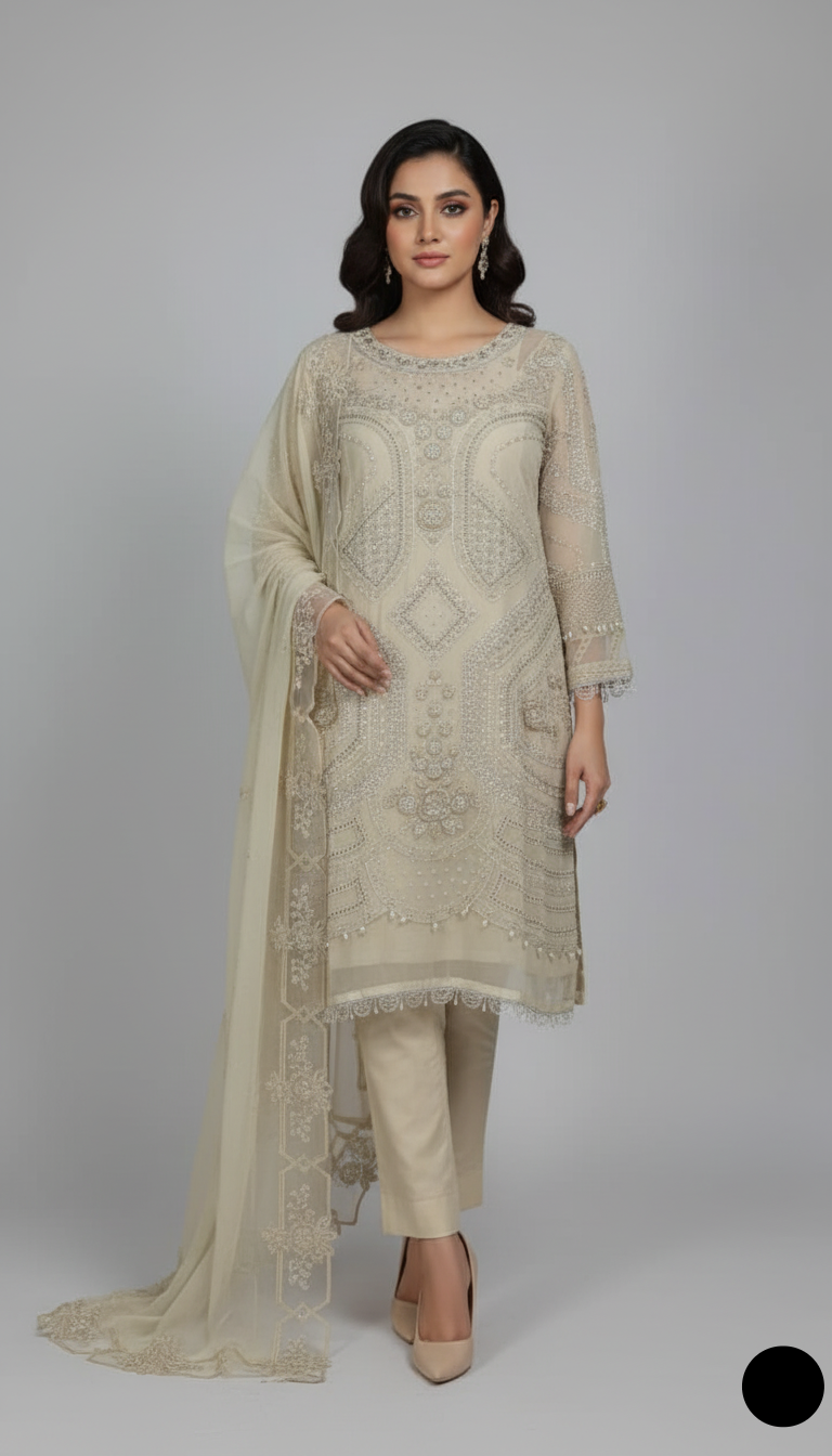 Chiffon straight shirt fawn - Pakistani women's elegant formal wear with grip trouser and chiffon dupatta front view