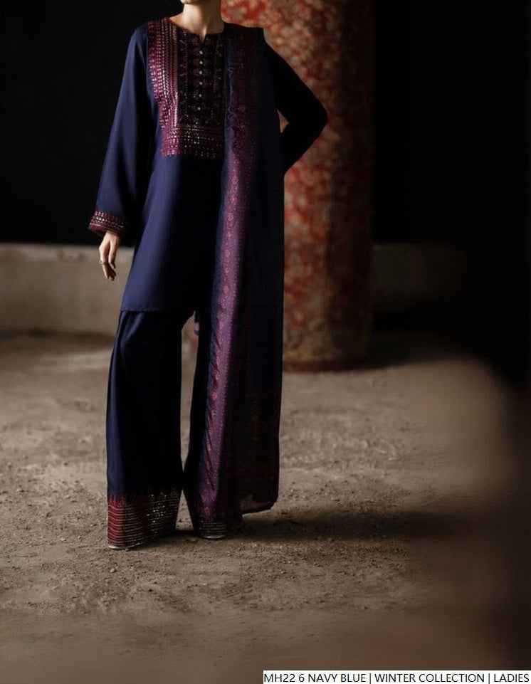 Pakistani women's navy blue khaddar straight winter shirt back view