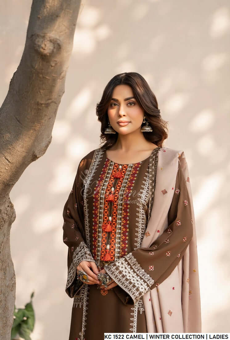 Pakistani women's camel brown silk short shirt back view