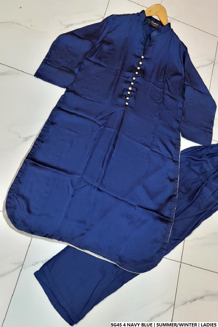 Pakistani women's navy blue silk A-Line shirt back view