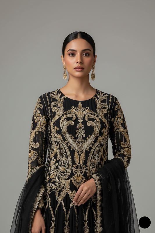 Black chiffon Pakistani women's straight shirt with plazo side view