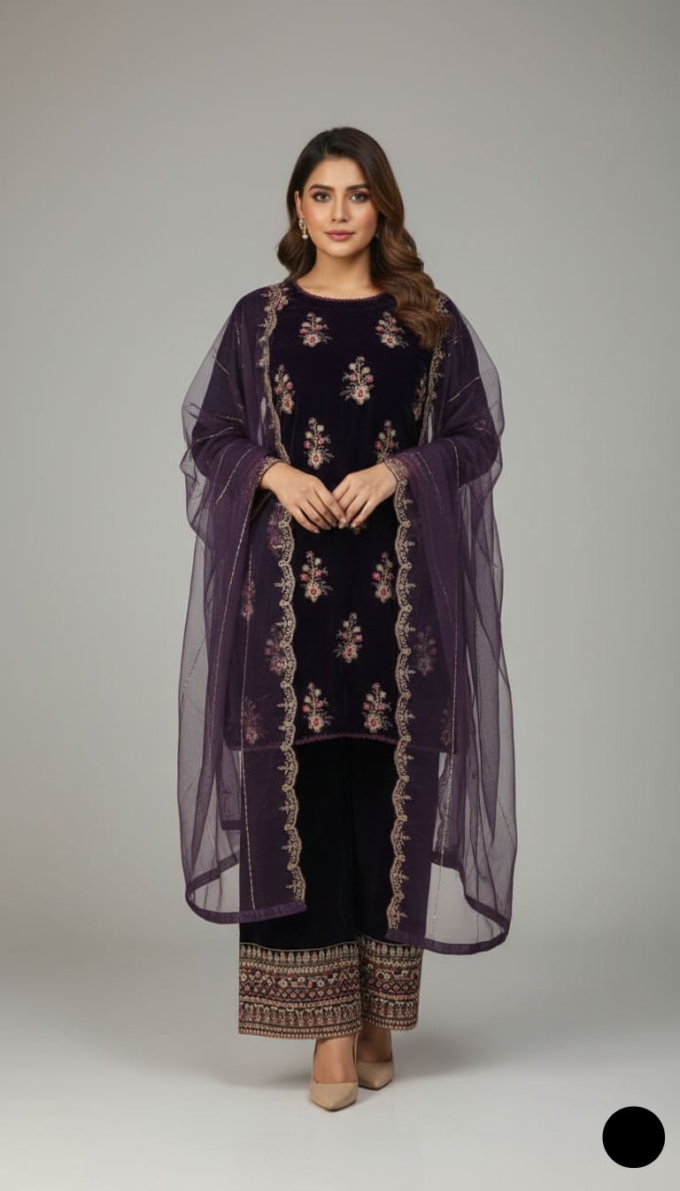 Pakistani women's purple velvet straight shirt back view
