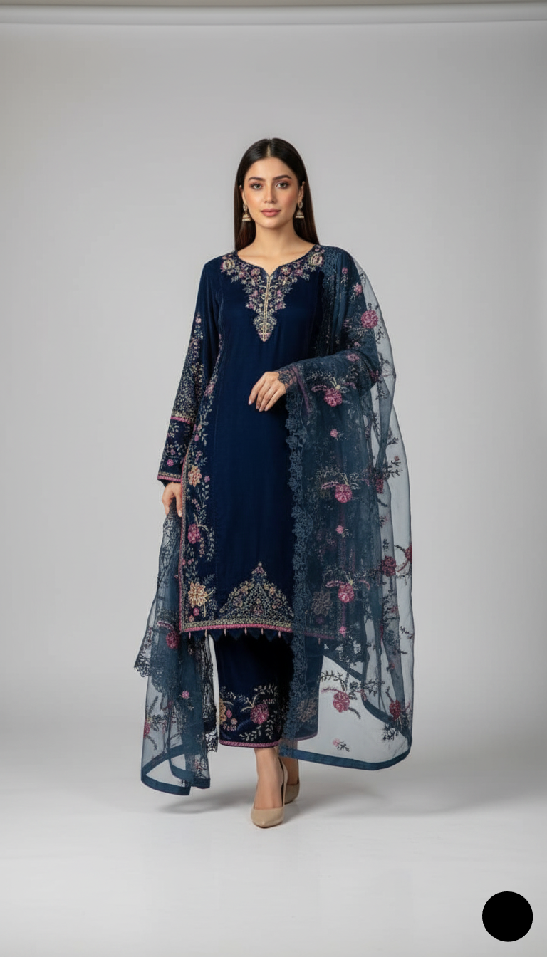 Pakistani women's zinc grey velvet straight shirt back view