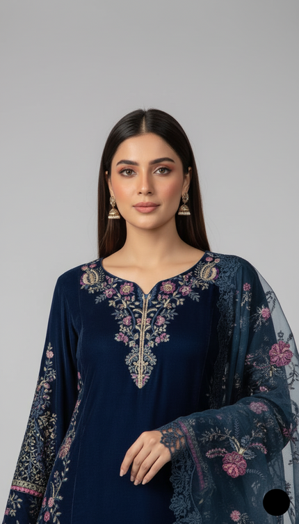 Velvet straight shirt zinc grey - Pakistani women's winter formal wear with velvet trouser and dupatta front view