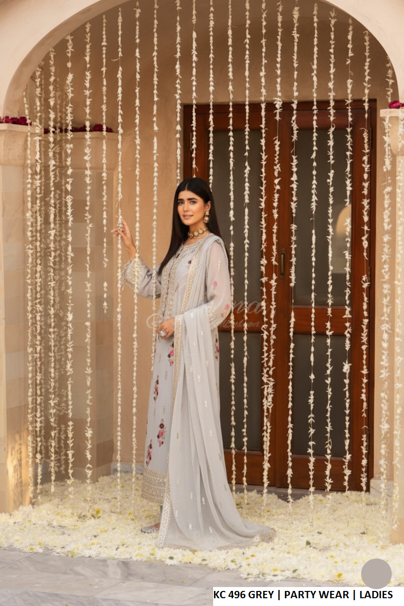Pakistani women's grey silk long kaftan plazo back view